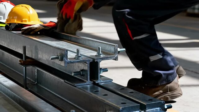 Medium shot focusing on the handling and positioning of sleek metal formwork components with industrial bolts and safety gear.