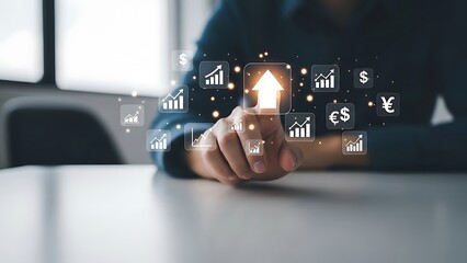 Professional finger touching an upward arrow on a glowing holographic screen, symbolizing business growth and financial success in a modern office environment with advanced digital technology.