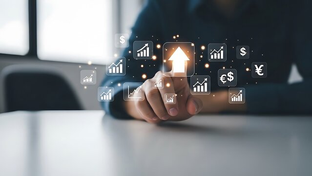 Professional finger touching an upward arrow on a glowing holographic screen, symbolizing business growth and financial success in a modern office environment with advanced digital technology. - Powered by Adobe