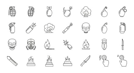 Fototapeta premium Line art icons depicting various weapons explosives and dangerous objects in a grid pattern