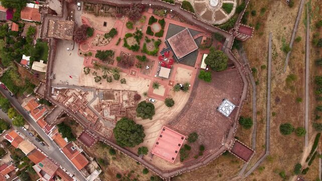 Aerial view of Silves Castle in Algarve Portugal showing the architecture and gardens during the daytime