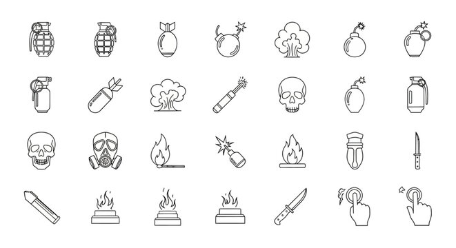Line art icons depicting various weapons explosives and dangerous objects in a grid pattern