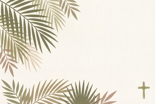 Minimalist illustration of tropical palm leaves with handwoven cross on beige background, natural botanical design for religious holiday or peaceful nature theme