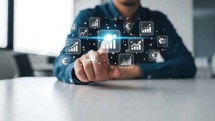 Hand touching a glowing virtual bar chart icon, representing financial growth and data analysis in a modern business context with dynamic digital interface and soft office lighting.