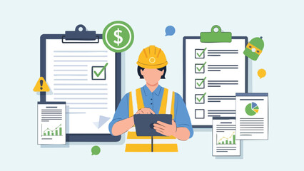 Diligent project manager managing tasks and financial reports on a light blue background for business illustration