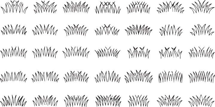 Grass line doodle. Outline grassland or meadow sketch, simple field design. Black grass brush stroke hand drawn texture for garden pattern or lawn. Herb marker vector isolated element