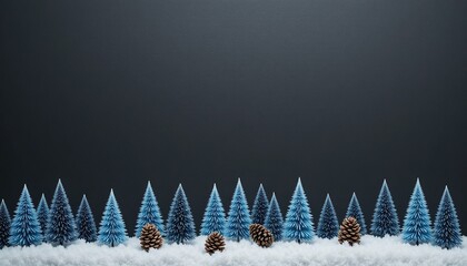 Minimalist winter forest scene with blue pine trees and pine cones on snow against a dark background. Ideal for Christmas, New Year, or holiday greeting card designs with ample copy space.