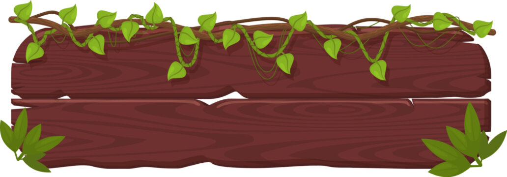 Wooden sign board with tropical jungle vines