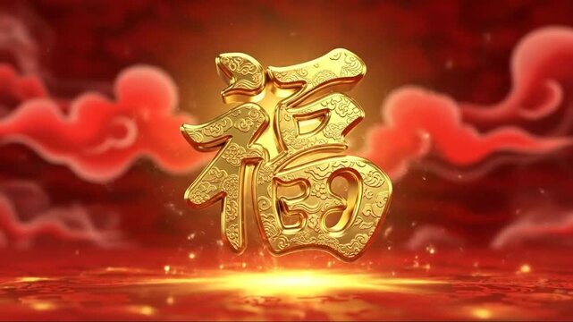 Golden Chinese Character F? Illuminated Against Vibrant Red Cloudscape Celebrating Prosperity