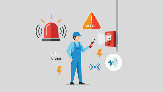 Safety technician conducting an inspection of alarm systems in a conceptual illustration for emergency preparedness documentation