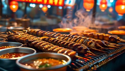 Close up of hot chili pepper on a market grill with meat cooking over fire for a city dinner barbecue