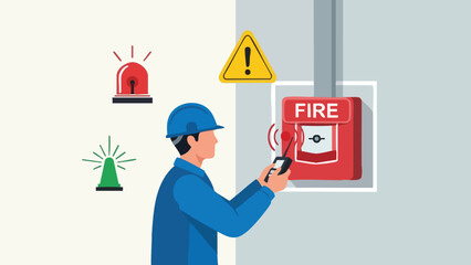 Technician operating a fire alarm system with warning lights and safety equipment for emergency preparedness and response protocols