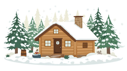 Winter wooden house icon, snowy forest cottage illustration, cold season home, png file, isolated on white