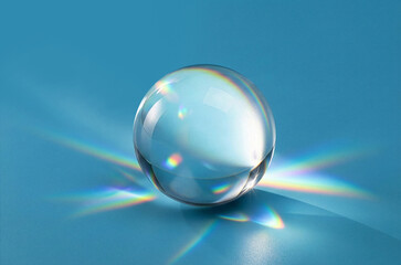 Przezroczysta szklana kula z kryształowego szkła oświetlona jasnym światłem na niebieskim tle