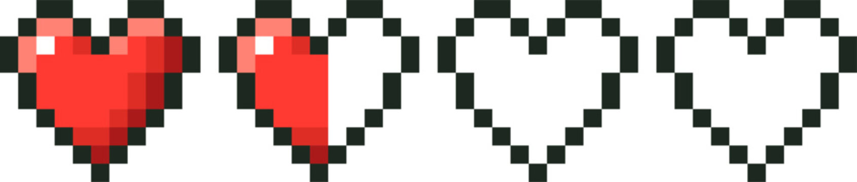 Pixel art hearts displaying game life bar progress