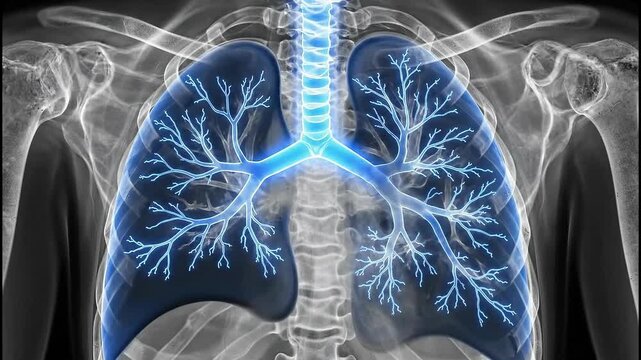 X-ray of human chest with highlighted lungs and bronchial tree, medical diagnosis and respiratory system visualization.