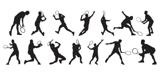 Collection of tennis player silhouettes in various action poses isolated on white background,vector illustration tennis player in different action