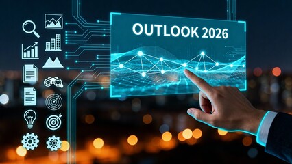 Business Outlook 2026 Concept Showing Digital Growth Charts, Future Market Trends, Data Analytics, Financial Forecast, Strategy Planning, and Technology Innovation on Virtual Interface