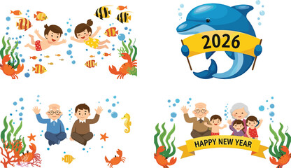 Cute underwater New Year illustration set featuring children, grandparents, sea animals, and dolphin holding 2026 banner in festive ocean scenes