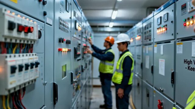 Electricians operating switchgear panels in a control room showcasing the complexity of managing electrical flow and system safety.