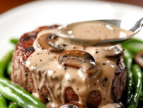 Spoon pouring mushroom sauce on filet mignon