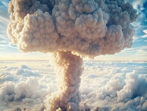 Powerful nuclear explosion with a mushroom cloud rising up