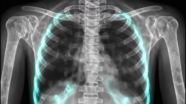 X-ray of human chest with highlighted lungs and bones for medical diagnosis.