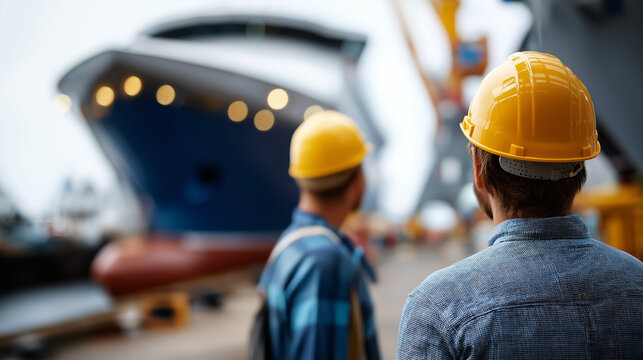 Large ferry under inspection in dry dock heavily defocused background faceless engineers wearing helmets observing massive vessel shipyard maintenance assessment maritime