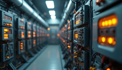 Rows of glowing industrial control panels line futuristic corridor. Intricate wiring, digital displays create high-tech, sci-fi atmosphere. Automated system represents advanced engineering, powerful