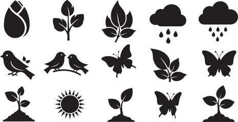Nature icons set for spring growth and weather