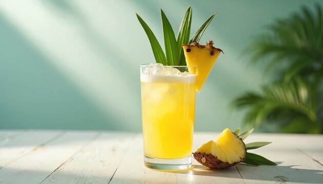 Yellow tropical mocktail with pineapple slice garnish sits on white wood table. Refreshing lemonade and coconut water drink with ice, jungle leaves nearby suggest exotic island vacation.