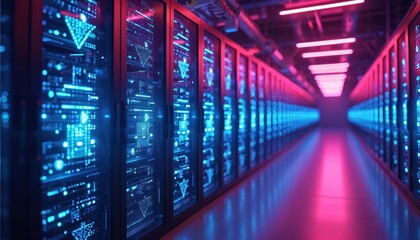 Rows of glowing blue server racks fill a futuristic data center hallway. Neon pink and blue lights illuminate the metallic corridor. Digital information streams across server panels.