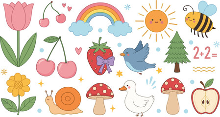 Cute Cartoon Vector Collection of Nature and Whimsical Elements; Rainbow, Tulip, Strawberry, Bee, Bird, Snail, Mushroom, and Apple for Kids Design.