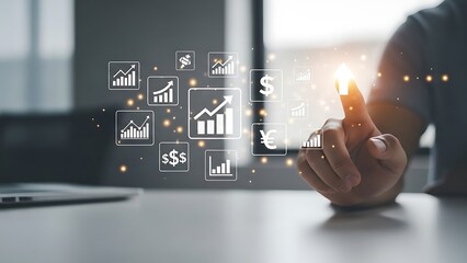 Finger interacting with a glowing holographic upward arrow, signifying robust business growth and financial progress, surrounded by various data visualization icons in a modern office setting.