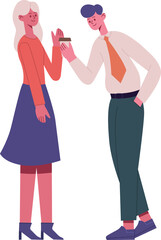 Man offering coffee to smiling female colleague