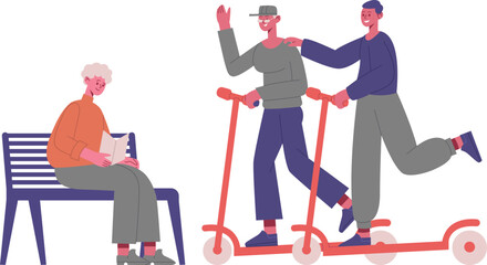 Senior reading on bench with young people on scooters