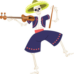 Skeleton mariachi musician playing violin celebrating Day of the Dead