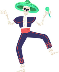 Skeleton dancing with sombrero and maraca celebrating Day of the Dead