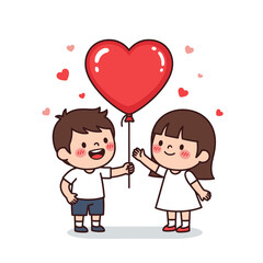 adorable children exchanging a love heart balloon with smiling faces and hearts around them