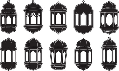 Ten black and white islamic lantern icons
