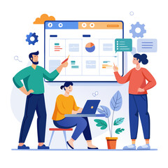 Team collaboration on project management dashboard and data analysis