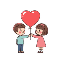 Cute cartoon children exchanging a heart-shaped balloon symbolizing love friendship and affection