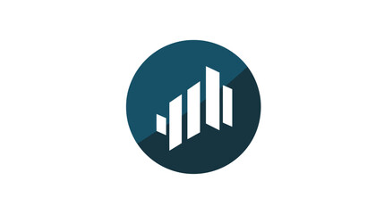 Obraz premium Abstract geometric growth bar icon in dark blue circle, symbolizing business data analytics, financial market progress, and urban development.