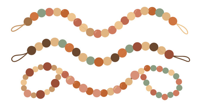 Boho wooden bead garlands in earthy tones with loops for hanging