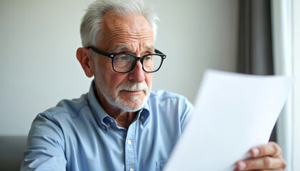 Elderly man wearing glasses studies papers indoors. Serious face focused on document review. Mature person contemplating important info at desk. Old age wisdom, thoughtful contemplation, home office