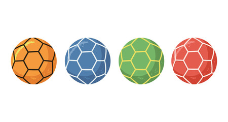 Obraz premium Four colorful soccer balls in a row, orange, blue, green, and red