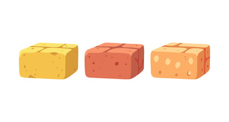 Three cartoon cubes of cheese with different textures and colors on a white background