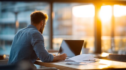 Young man working on laptop at a cozy caf&eacute;, sunlight streaming through windows, creating warm ambiance in busy urban environment