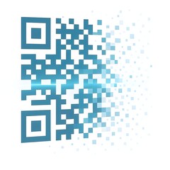 Obraz premium Fading Blue QR Code Matrix Disintegrating into Digital Pixels and Binary Data on White Background