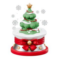 3D minimalist Christmas tree decorated with red bows and balls. Cute green pine icon for holiday celebration, festive winter decoration and new year symbol.